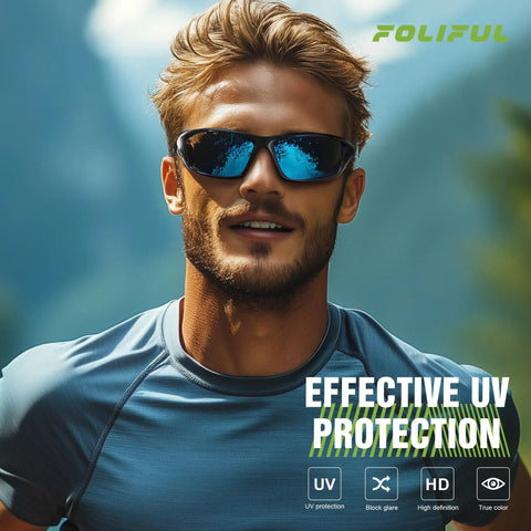 Man wearing 3 Pack Polarized Sports Sunglasses For Men With Wraparound Frame UV400 Protection For Cycling Fishing Running Driving
