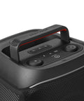 Close-up of Portable Party Speaker With Foldable Handle And Pro Sound, Club 120, featuring controls and black finish
