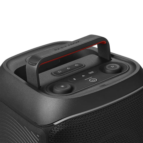 Close-up of Portable Party Speaker With Foldable Handle And Pro Sound, Club 120, featuring controls and black finish