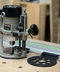 Hook Up Your Trim Router To Track Saw With Ace Guide Rail Adapter For Porter Cable 690 Series on workspace with guide rail.