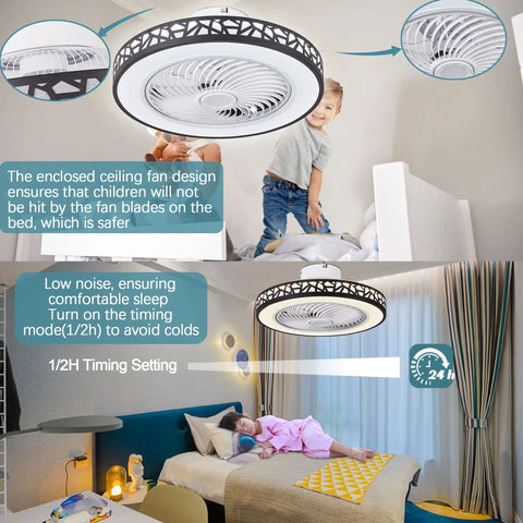 Compact Black Flush Mount Ceiling Fan With Lights And Remote Control, Low Profile Enclosed Design, Safe for Kids, Bedroom Use
