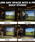 All In One 10x8ft Golf Simulator Enclosure With Hitting Net HD Impact Screen Target Cloth Foam Padding shown in various settings