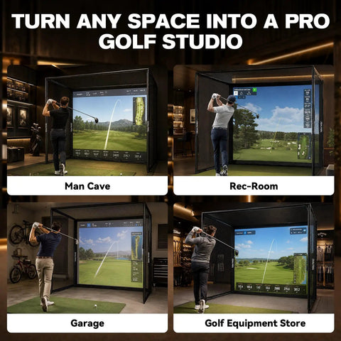 All In One 10x8ft Golf Simulator Enclosure With Hitting Net HD Impact Screen Target Cloth Foam Padding shown in various settings