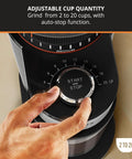 Game Changer Flat Burr Coffee Grinder delivering eighteen precision grind options, featuring adjustable cup quantity from 2 to 20 cups.