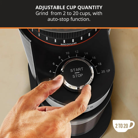 Game Changer Flat Burr Coffee Grinder delivering eighteen precision grind options, featuring adjustable cup quantity from 2 to 20 cups.