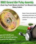 Close-up of gold-toned metal idler pulley assembly with bearing for lawn mowers and rotary cutters