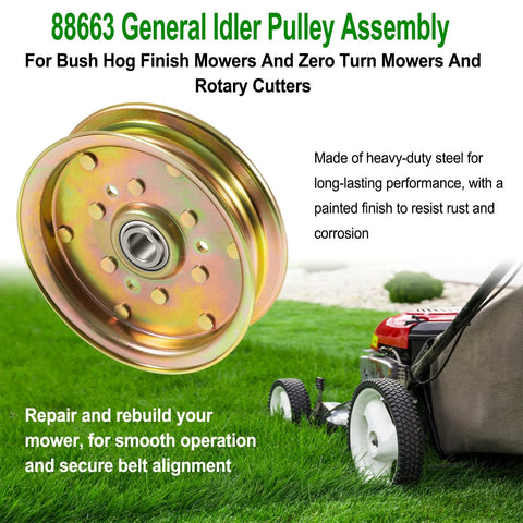 Close-up of gold-toned metal idler pulley assembly with bearing for lawn mowers and rotary cutters
