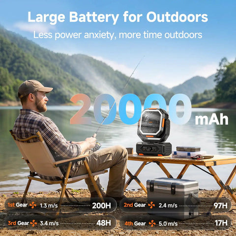 Man fishing by lake with Portable Camping Fan With 20000mAh Battery Remote And Led Lantern on table, mountains in background