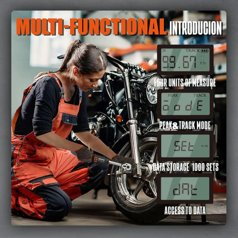 Digital Torque Wrench Three Eighths Inch Drive With Range From Four Point Nine To Ninety Nine Point Six Foot Pounds And Six Point Six To One Hundred Thirty Five Newton Meters Two Percent Accuracy Built For Pros And DIYers in use on motorcycle by woman in workshop