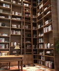 Home library setup without ladder, showing shelving compatible with Heavy Duty Sliding Library Track Kit 20 Foot With Floor Roller Wheels No Ladder Plug And Play Setup Includes Track Ground Wheels Pulleys Seals Stops And All Screws For Quick Install.