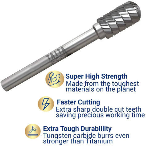 10Pc Double Cut Carbide Burr Set With 0.118 Inch Shank showing sharp double-cut teeth and strength features for rotary tools.