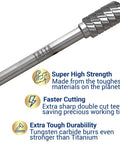 8 Piece Carbide Burr Set One Quarter Inch Shank Double Cut Rotary Die Grinder Bits For Wood Carving And Metalworking Durable Pro Grade Tungsten Carbide Bits Versatile Die Grinder Accessories For Smooth Finish, showing a single tungsten carbide burr with sharp double-cut teeth.