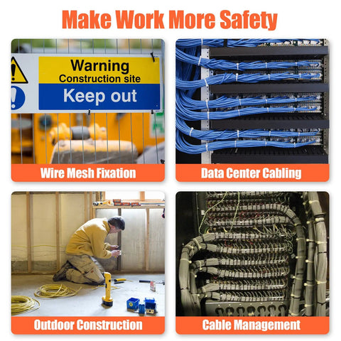 Collage showing use of 12 Inch Heavy Duty Zip Ties With 50 Lbs Tensile Strength Self Locking Nylon Cable Ties For Indoor And Outdoor Use Bulk Pack Includes 1000 Black And 100 White Ties With Mount Clips 10 Pack Built To Last For Any DIY Project in various settings, including construction site, data center, outdoor work, and cable management.
