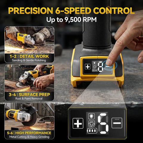 Badass Cordless Angle Grinder Compatible With DeWalt 20V Max Tool Only Beast Mode Power For Precision Metal Cutting Grinding And Polishing With Quick Release Guard displaying 6-speed control and RPM settings.