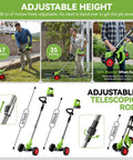 Beast Cordless Weed Wacker With Wheels 24V showing adjustable height from 35 to 47 inches, foldable design, dual wheels for garden use.