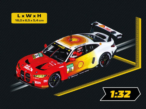 BMW M4 GT3 Schubert Motorsport No 31 DTM 2024 1 32 Scale Evolution Analog Slot Car on dark background with dimensions and scale shown