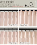Close-up of ring hooks, back tab, clip rings, and track system on light pink linen curtains 108 inch long, pinch pleat, semi sheer.