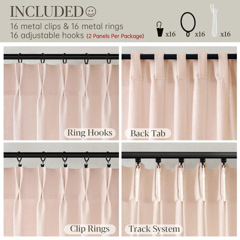 Close-up of ring hooks, back tab, clip rings, and track system on light pink linen curtains 108 inch long, pinch pleat, semi sheer.