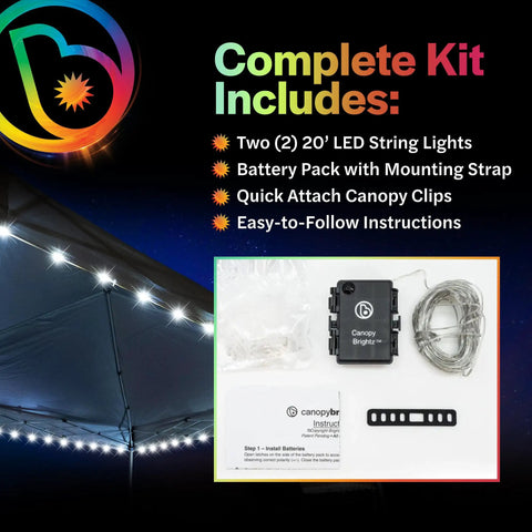 LED Canopy Lights For 10x10 Tents White Outdoor String Light Kit 40 Feet Of Tailgate Ready Illumination with kit components