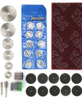88 Piece Electric Sander Accessory Kit with circular saw blades, sandpaper, and resin sheets for wood, plastic and metal cutting and grinding.