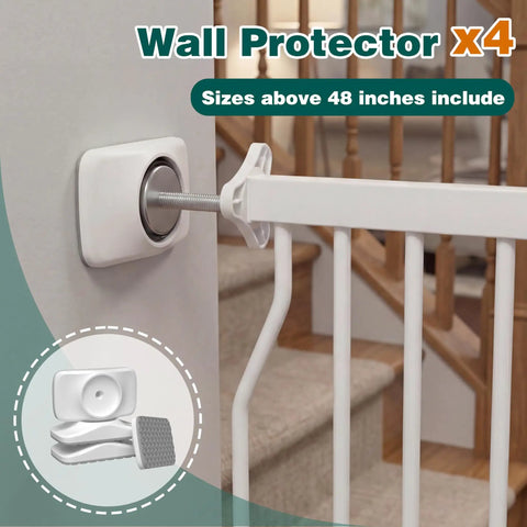 Walk Through Baby Gate With Door, Adjustable 29.5 To 52.5 Inch Wide, Pressure Mounted No Drill Metal Auto-Close Gate For Stairways And Doorways, Indoor Outdoor Safe Gate For Toddlers And Pets, White showing wall protector use