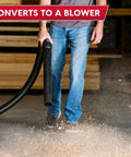 User converting Heavy Duty 12 Gal Wet Dry Shop Vac With Beastly 5.5 Peak HP Motor And Nine Must Have Cleaning Attachments For Cranking Nasty Garage Jobs And Spills Features Classic Red Plastic Design to a blower, handling debris.