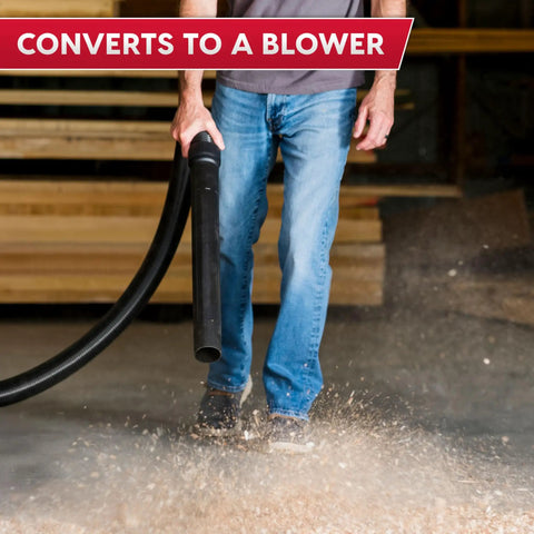 User converting Heavy Duty 12 Gal Wet Dry Shop Vac With Beastly 5.5 Peak HP Motor And Nine Must Have Cleaning Attachments For Cranking Nasty Garage Jobs And Spills Features Classic Red Plastic Design to a blower, handling debris.