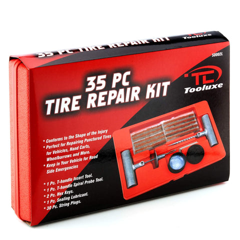 Packaging of 35 Piece Universal Heavy Duty Tire Repair Kit With Plugs For Cars Trucks Motorcycles ATVs