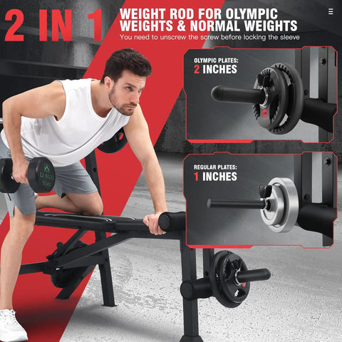 Man using 900 lb weight bench set with squat rack for home gym, focus on rod for Olympic and regular weight plates.