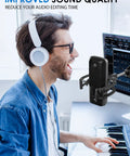 Man using Wave Mic Shock Mount For Elgato Wave:1 And Wave:3 with headphones and keyboard in studio setting