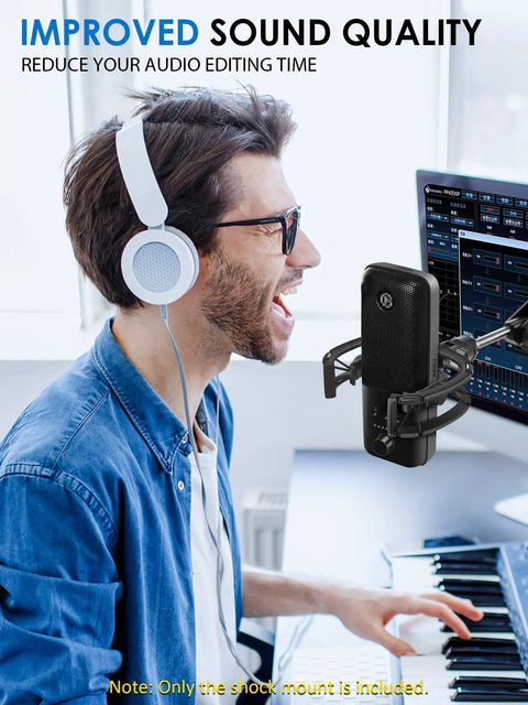 Man using Wave Mic Shock Mount For Elgato Wave:1 And Wave:3 with headphones and keyboard in studio setting