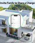 Rock Solid Level 2 Electric Vehicle Charger With Smart App Control, home settings interface, family charging, EV in garage.