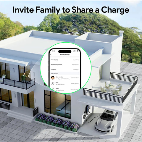 Rock Solid Level 2 Electric Vehicle Charger With Smart App Control, home settings interface, family charging, EV in garage.