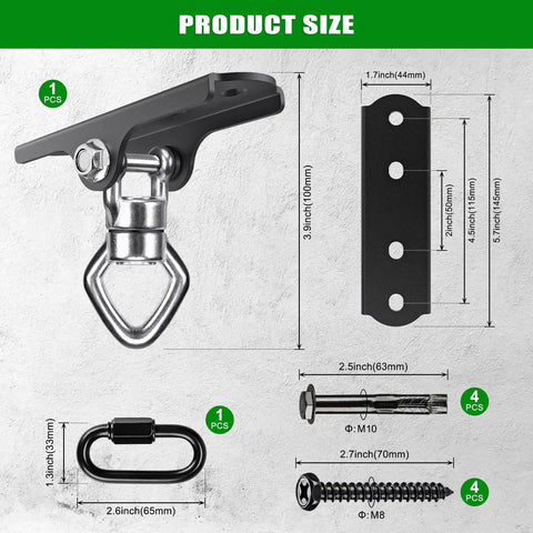 Ultra Smooth 360 Degree Swivel Swing Hanger With Ball Bearing Ceiling Mount - Heavy Duty 900 Lbs Capacity For Hammock Chairs Porch Swings Tire Swings Gym Rings Aerial Silks And More Heavy Bag size chart, black steel parts