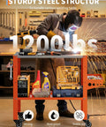 Robust Mobile Welding Workbench Featuring Perforated Steel Top And Easy Rollin Casters 36 Inch Heavy Duty Shop Table Holding 1200 Lbs in use.
