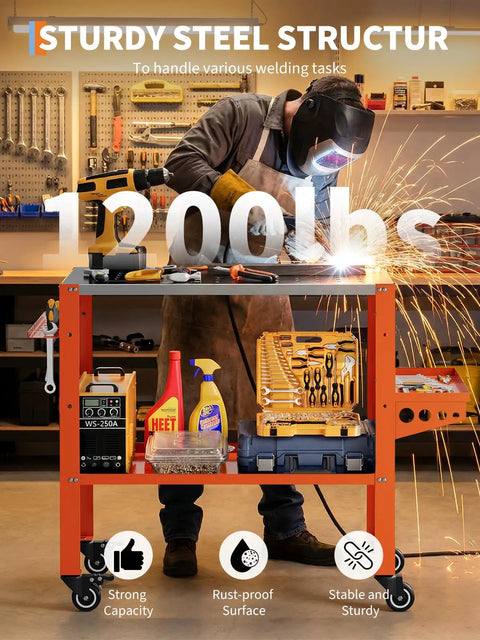 Robust Mobile Welding Workbench Featuring Perforated Steel Top And Easy Rollin Casters 36 Inch Heavy Duty Shop Table Holding 1200 Lbs in use.