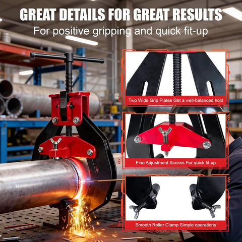 Pipe Clamp Two To Six Inches Quick Release T Handle Welding Alignment Tool with grip plates and screws in workshop setting
