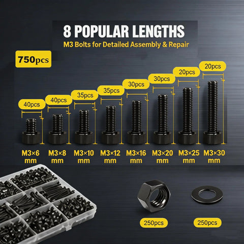 All-In-One Bed Frame Screw And Bolt Set, 750-Piece M3 Machine Screws Assortment In Six To Thirty Millimeter Range, Premium 12.9 Grade Alloy Steel, Nuts And Washers, Beefy Heavy-Duty Replacement Kit For Furniture showing M3x6 to M3x30 sizes