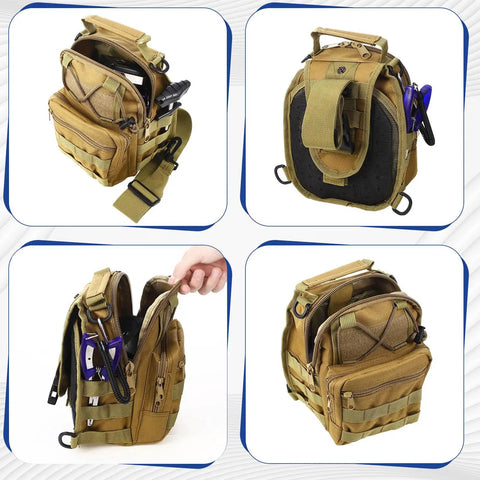 Complete 482 Piece Fishing Tackle Backpack Kit With Lures Hook Remover Lip Gripper And Gear Set Tackle Box Storage Sling Bag Ready For Any Outing Great Gift For Men Khaki, shown with multiple compartments and tools visible from various angles.