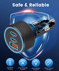 67W Three Port USB C Car Charger With Dual USB C And USB A Fast Charging power adapter with protective features displayed