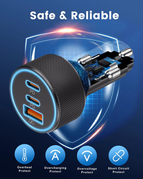 67W Three Port USB C Car Charger With Dual USB C And USB A Fast Charging power adapter with protective features displayed
