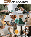 Wide application of Pro Grade All In One 40 Piece Buffing And Grinding Kit with drills used on jade, jewelry, wood, and metal.
