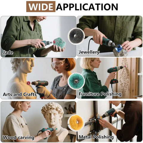 Wide application of Pro Grade All In One 40 Piece Buffing And Grinding Kit with drills used on jade, jewelry, wood, and metal.