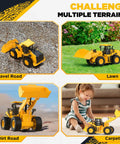 9-Channel Remote Control Wheel Loader 1:18 Scale Construction Toy on gravel, lawn, dirt, and carpet surfaces with child playing