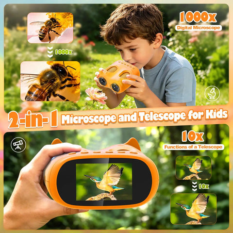 2 In 1 Kids Microscope And Telescope 1000X Magnification Portable STEM Toy For Outdoor Explorers Learn Insects Leaves Rocks Birds And Distant Landscapes Up Close And Far Away On Family Adventures And Class Projects. child using orange 2-in-1 digital microscope and telescope