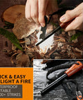 Handmade Wooden Handle Three Eighths Inch Thick Ferro Rod Fire Starter Kit With Striker And Umbrella Rope in use outdoors