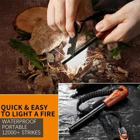 Handmade Wooden Handle Three Eighths Inch Thick Ferro Rod Fire Starter Kit With Striker And Umbrella Rope in use outdoors
