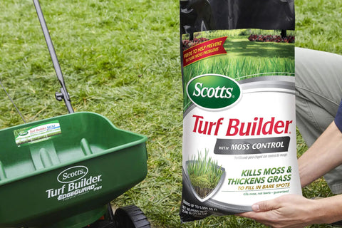 Hassle Free Moss Control That Kills Moss And Thickens Grass, Fills Bare Spots, And Feeds To Prevent Future Moss bag in garden
