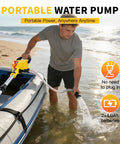 Man using Cordless Stick Water Transfer Pump With 21V Battery And Fast Charger, 750 GPH Flow, beside inflatable boat on beach.