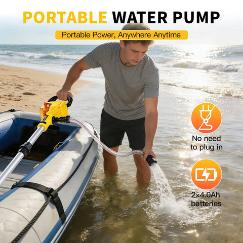 Man using Cordless Stick Water Transfer Pump With 21V Battery And Fast Charger, 750 GPH Flow, beside inflatable boat on beach.